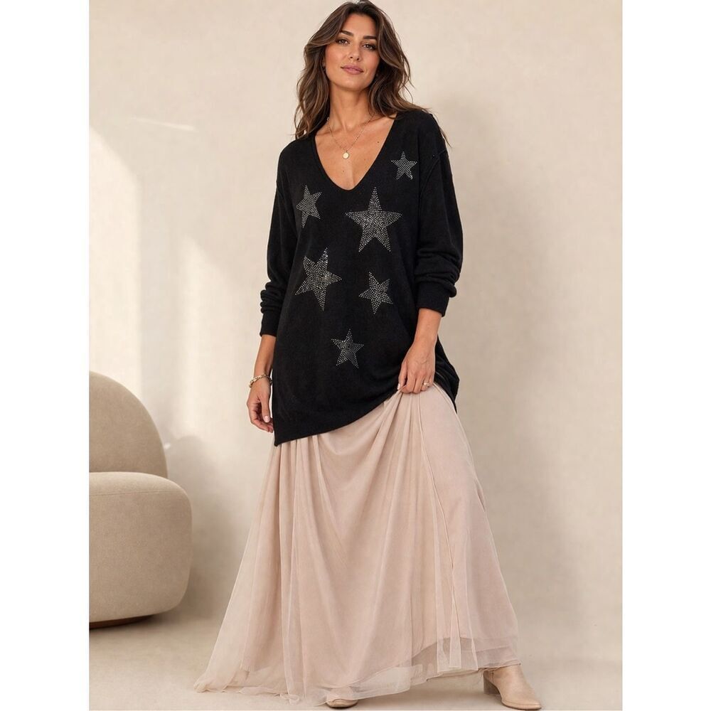 Esprit Black Star Sweater V-Neck Long Tunic Size XL
